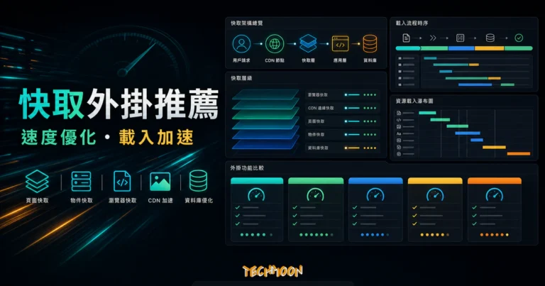 【2026 最新】14 款 WordPress 快取外掛推薦與比較 5 WordPress 快取外掛推薦的 TechMoon 精選圖片,呈現 Cache Plugins、速度優化、載入時間與效能儀表板。