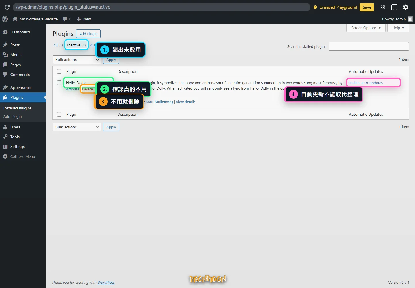 WordPress 外掛列表，標註 Inactive 篩選、未啟用外掛名稱、Delete 刪除連結與自動更新欄位