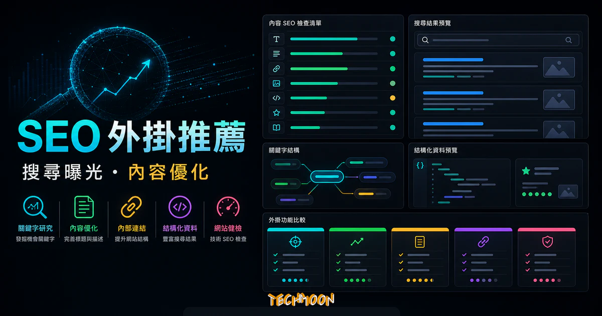 WordPress SEO 外掛推薦的 TechMoon 精選圖片，呈現 SEO 檢查清單、搜尋結果預覽與外掛比較儀表板。