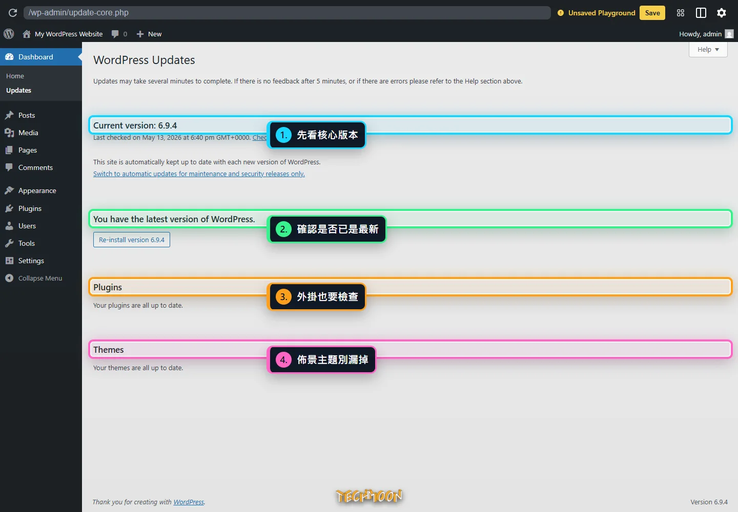WordPress Updates 後台畫面，標註核心版本、外掛更新與佈景主題更新區塊