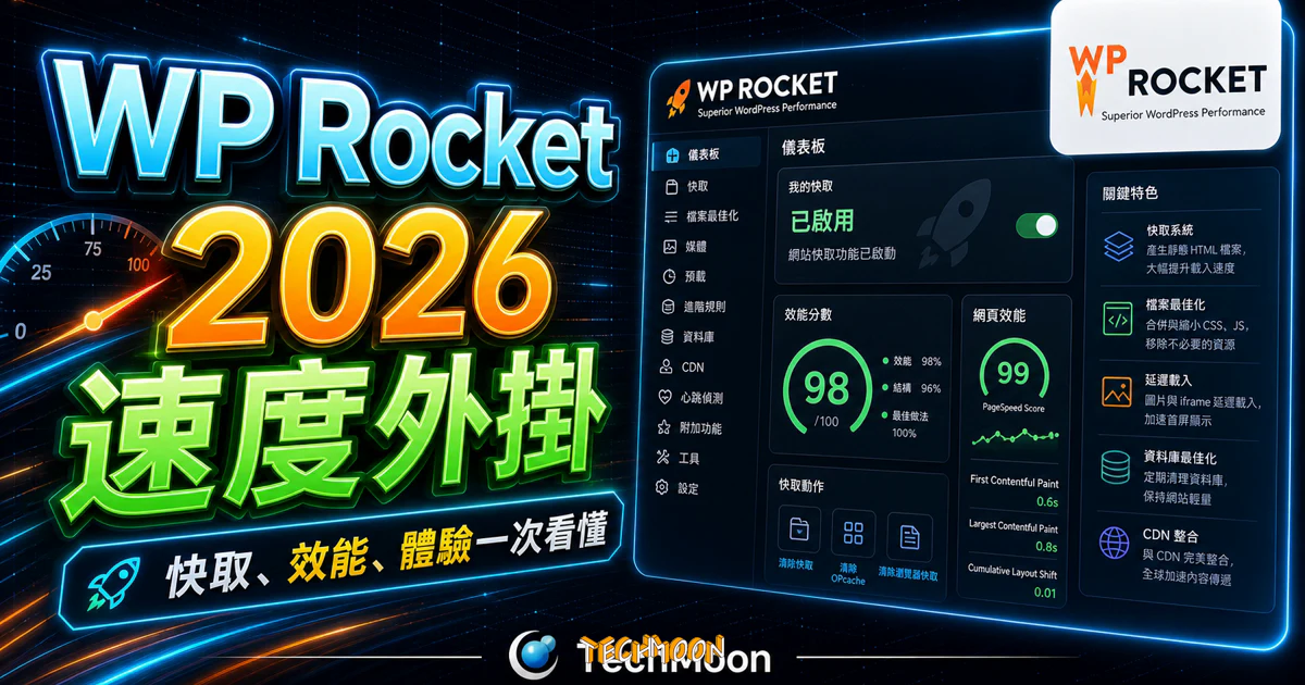 WP Rocket - WordPress 速度外掛教學，評價最高的快取緩存外掛提升網站速度與使用者體驗的 TechMoon 精選圖片，呈現Wordpress相關介面、重點標題與科技感背景。