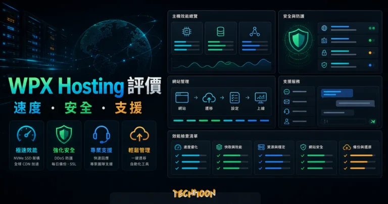 WPX Hosting 主機評價 - CP 值超高虛擬主機推薦,建立快速 WordPress 網站最佳的虛擬主機商 2 WPX Hosting 主機評價的 TechMoon 精選圖片,呈現速度、支援、WordPress 主機與主機效能儀表板。