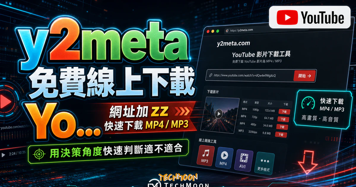y2meta 免費線上下載 YouTube 影片，在 YouTube 網址添加 zz 即可快速從 YouTube 下載 MP4 與 MP3 檔案的 TechMoon 精選圖片，呈現YouTube相關介面、重點標題與科技感背景。