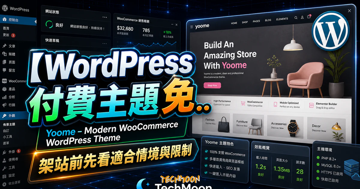 【WordPress 付費主題免費下載】Yoome - Modern WooCommerce WordPress Theme的 TechMoon 精選圖片，呈現Wordpress相關介面、重點標題與科技感背景。