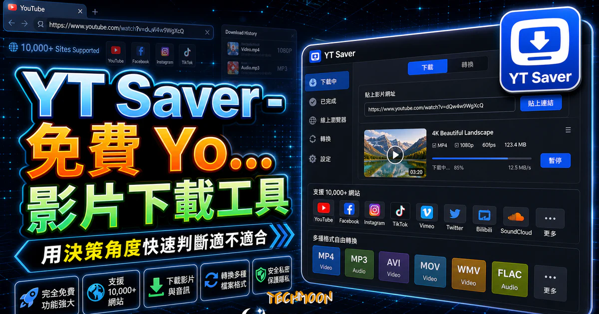 YT Saver - 免費 YouTube 影片下載工具，輸入網址即可下載主流串流媒體網站影片，並可自由轉換檔案格式的 TechMoon 精選圖片，呈現Saver相關介面、重點標題與科技感背景。