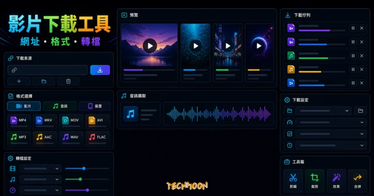 YT Saver - 免費 YouTube 影片下載工具，輸入網址即可下載主流串流媒體網站影片，並可自由轉換檔案格式的 TechMoon 精選圖片，呈現generic video downloader and converter tool相關介面、重點標題與科技感背景。