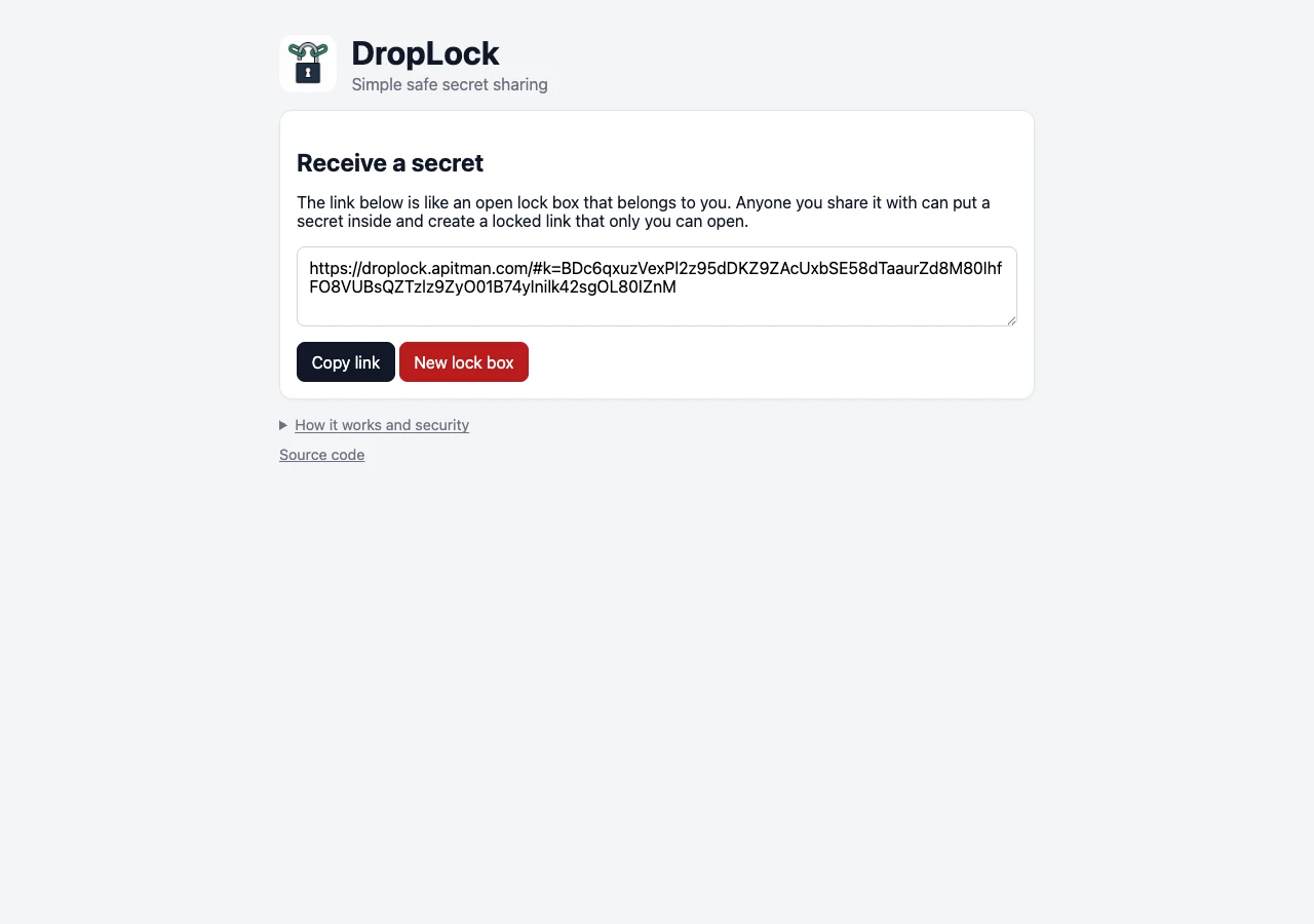 DropLock 接收方介面，瀏覽器本地生成鎖盒連結，私鑰保存在本地不外傳