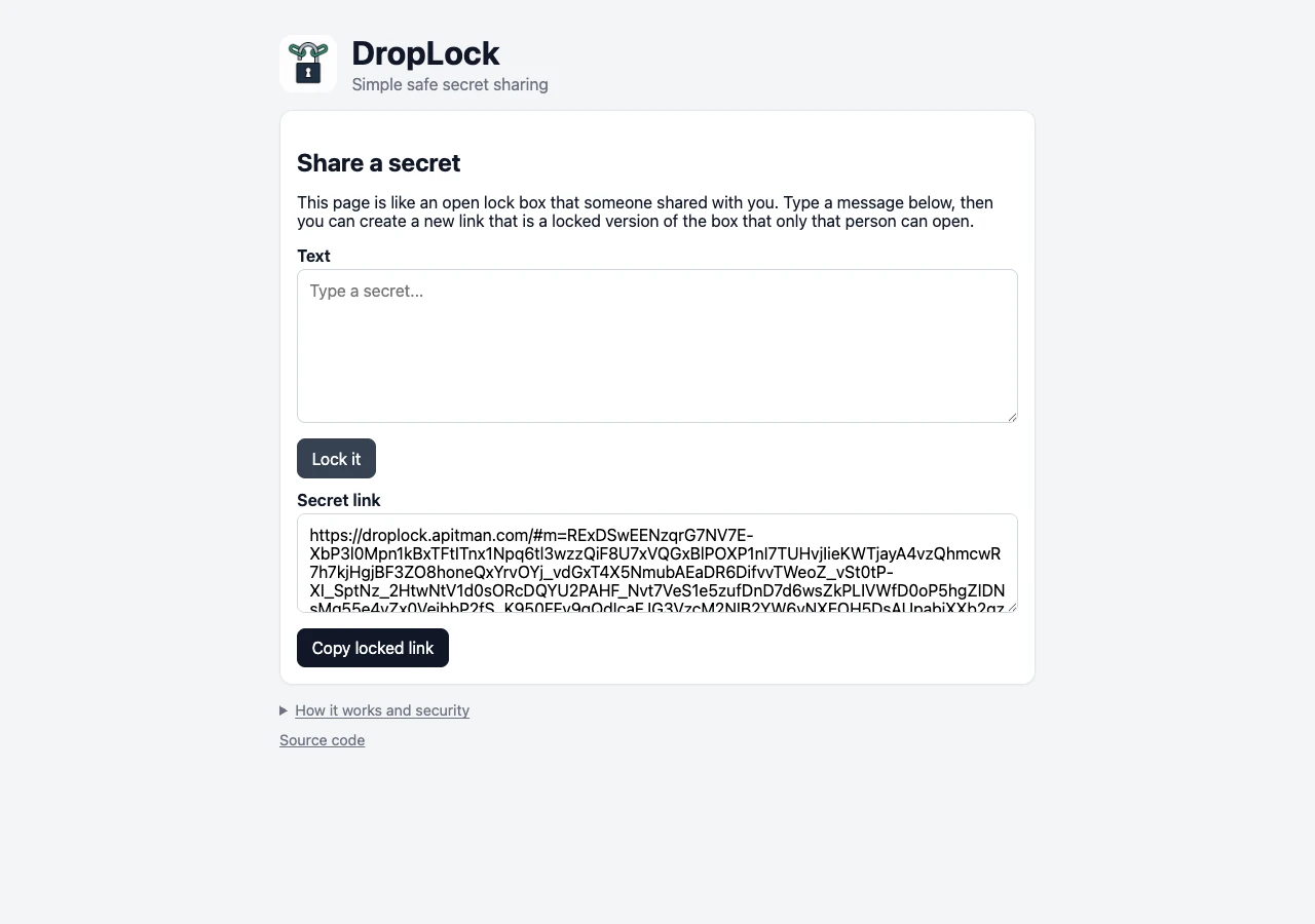 DropLock 發送方介面，使用公鑰加密 API Key 並產生鎖定連結