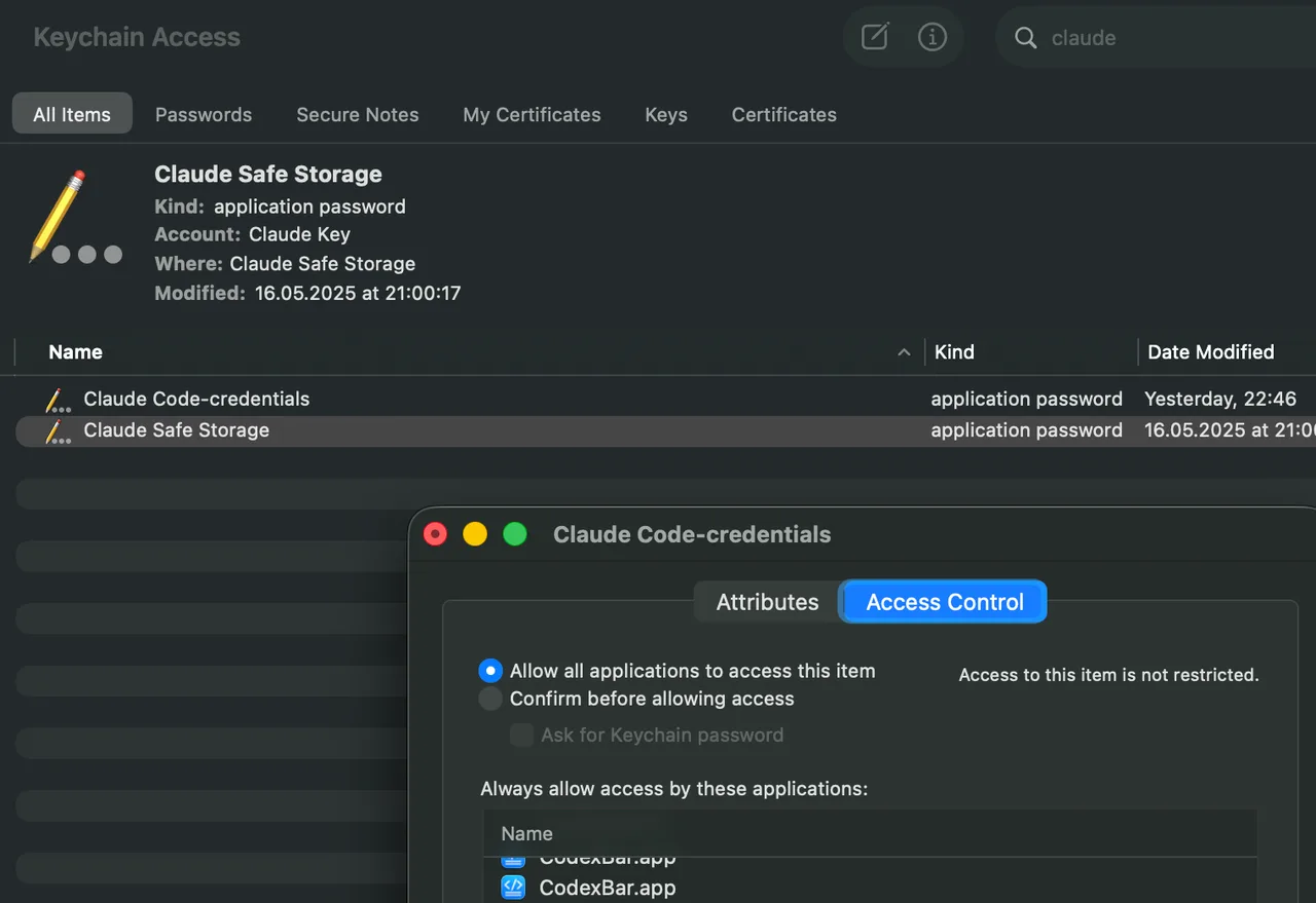 CodexBar – 免交 API Key!Mac 選單列一次掌握 53 個 AI 編程工具的用量與額度 4 macOS 鑰匙圈存取權限對話框,CodexBar 請求讀取本機憑證以復用登入狀態