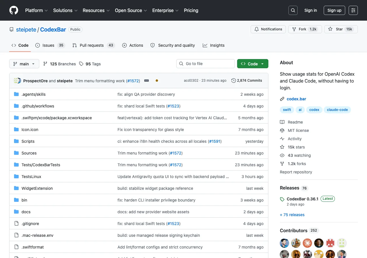 CodexBar – 免交 API Key!Mac 選單列一次掌握 53 個 AI 編程工具的用量與額度 3 CodexBar GitHub 開源專案頁面,顯示 MIT 授權、53 個支援服務與活躍的開發紀錄