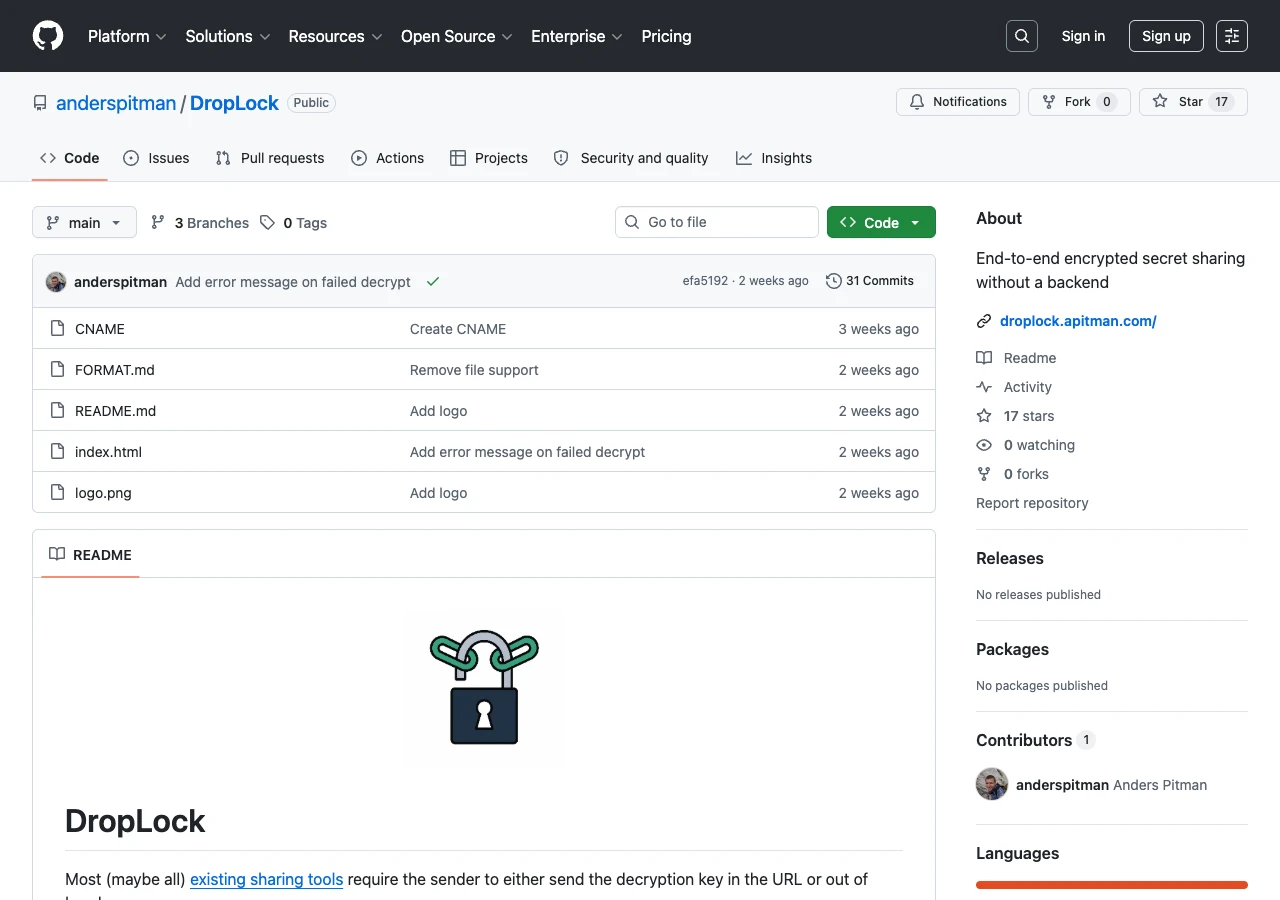 DropLock GitHub 專案頁面，展示開源前端原始碼與無後端設計