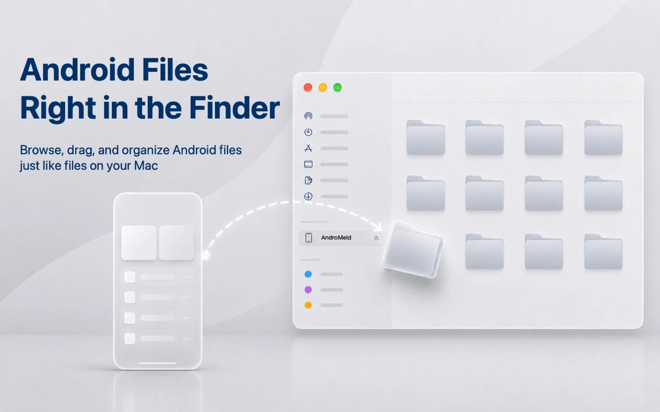 AndroMeld 把 Android 掛進 Mac Finder:檔案管理、投屏與剪貼簿一次做齊 3 AndroMeld App Store 開發者截圖顯示 Android Files Right in the Finder 與 Finder 側邊欄掛載點