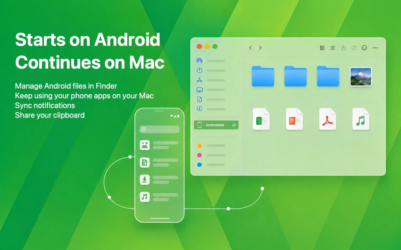 AndroMeld 把 Android 掛進 Mac Finder:檔案管理、投屏與剪貼簿一次做齊 4 AndroMeld App Store 開發者截圖顯示 Android 在 Mac 接續使用、手機 App 與剪貼簿共享