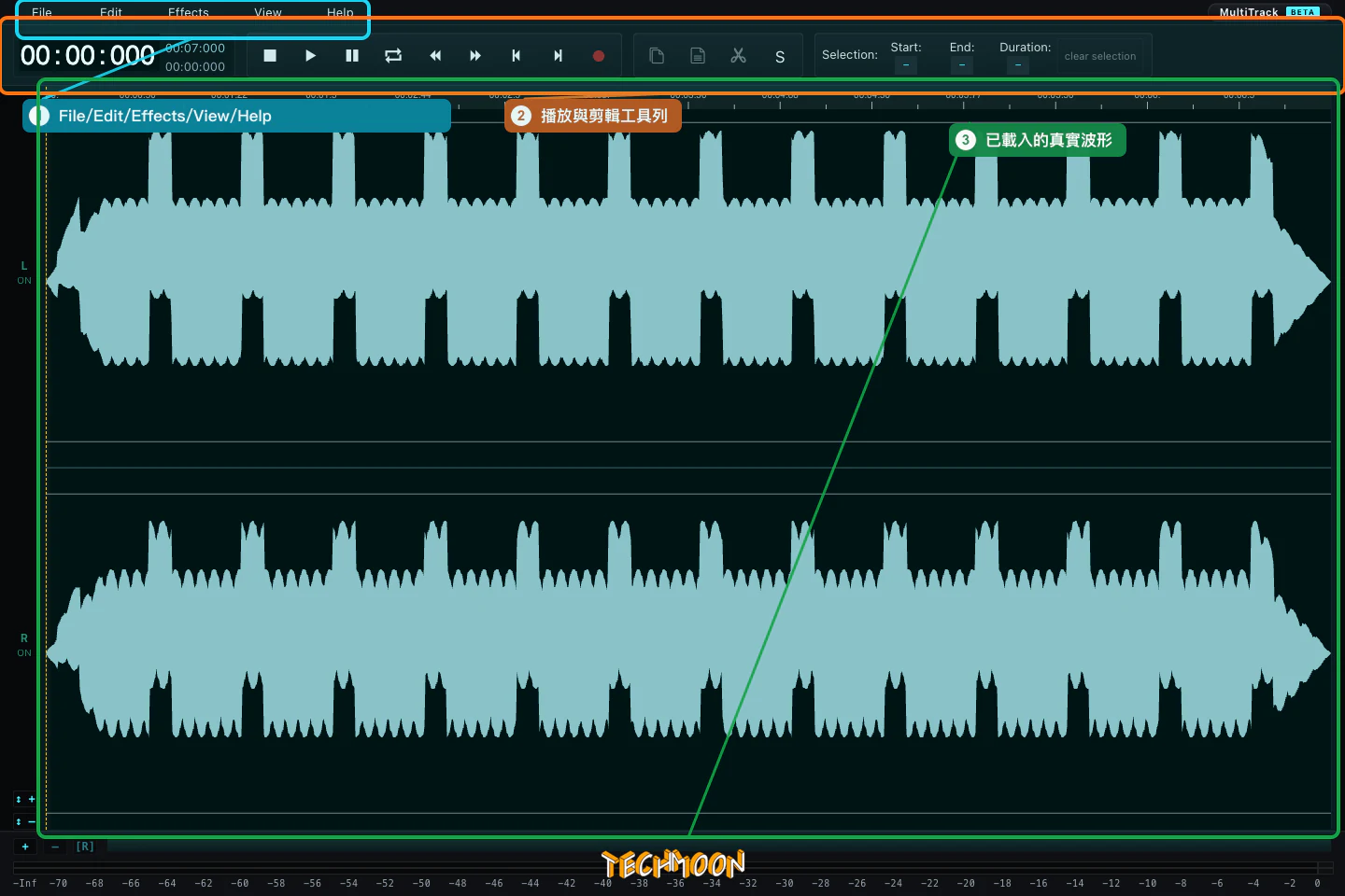 AudioMass 免費開源線上音訊編輯器:瀏覽器打開就能剪、檔案不上傳,Audacity 的免安裝替代 5 AudioMass 官方編輯器主介面顯示 File/Edit/Effects/View/Help 選單、工具列與波形編輯區