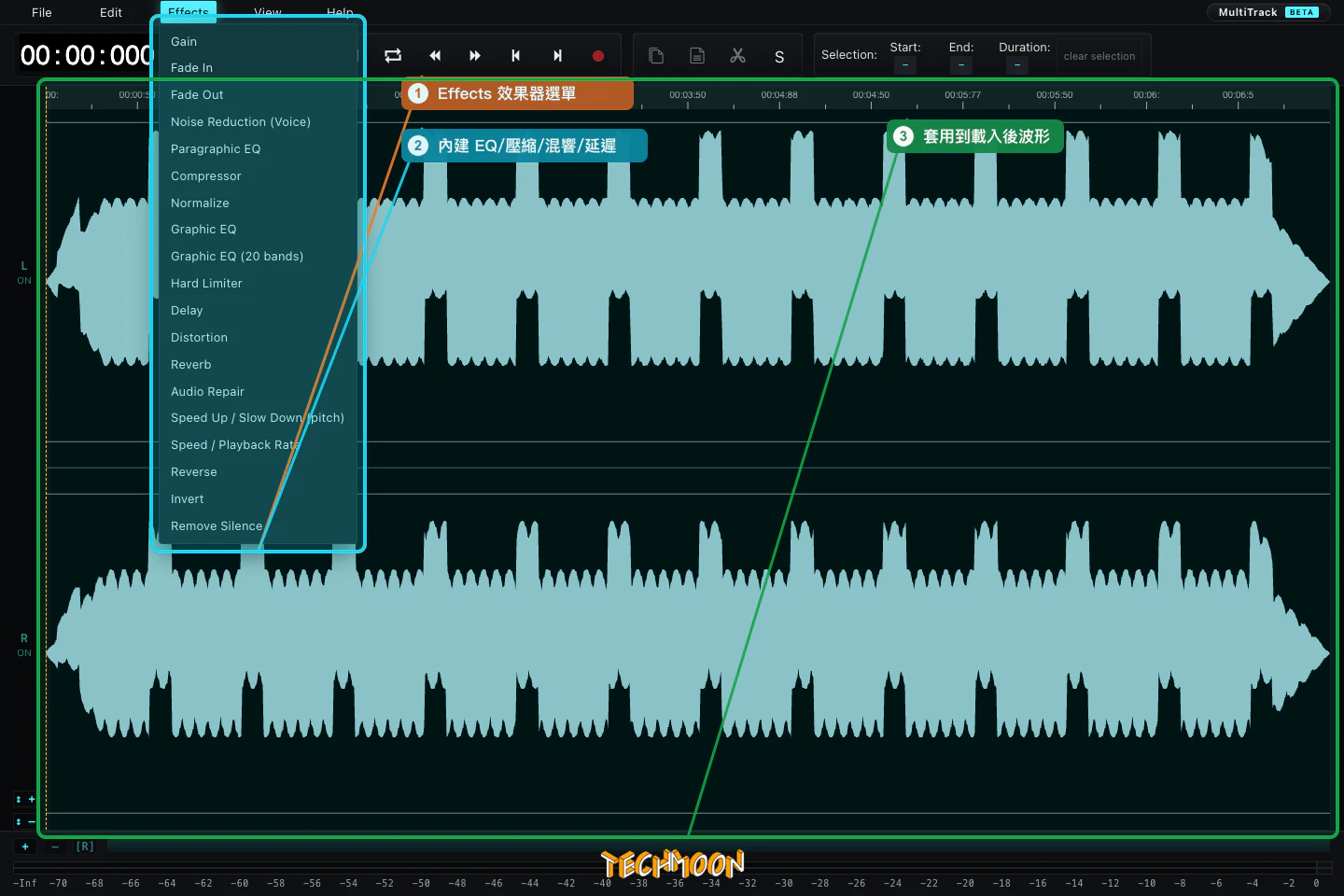 AudioMass 免費開源線上音訊編輯器:瀏覽器打開就能剪、檔案不上傳,Audacity 的免安裝替代 4 AudioMass Effects 選單顯示 Gain、Fade In、Compressor、Normalize、EQ、Delay、Distortion、Reverb 等效果器