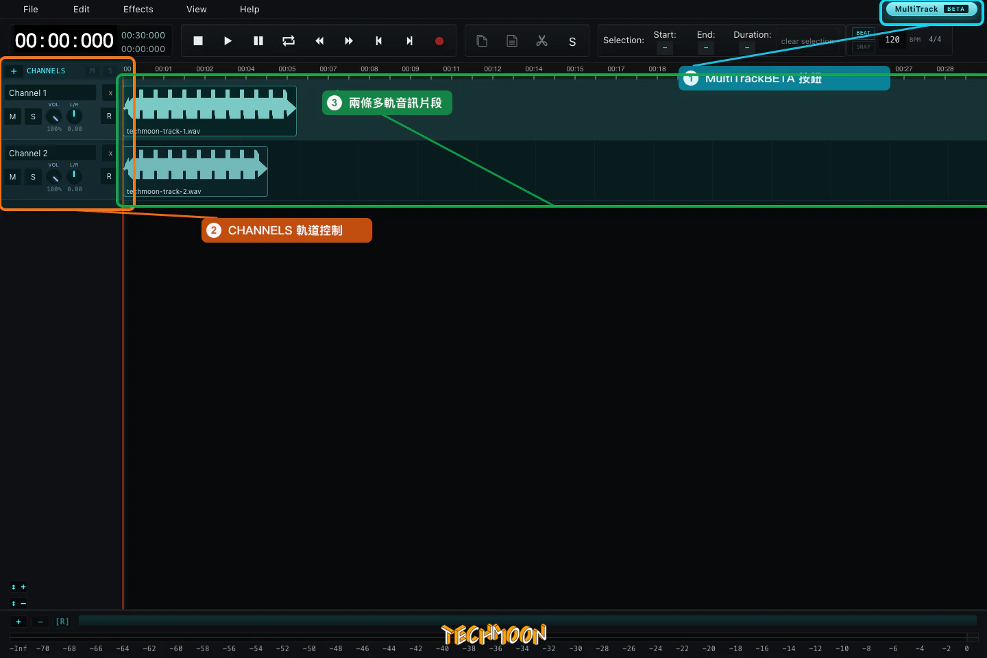 AudioMass 免費開源線上音訊編輯器:瀏覽器打開就能剪、檔案不上傳,Audacity 的免安裝替代 3 AudioMass 多軌 Beta 介面截圖,顯示 MultiTrackBeta 按鈕、CHANNELS 區塊與兩條多軌道