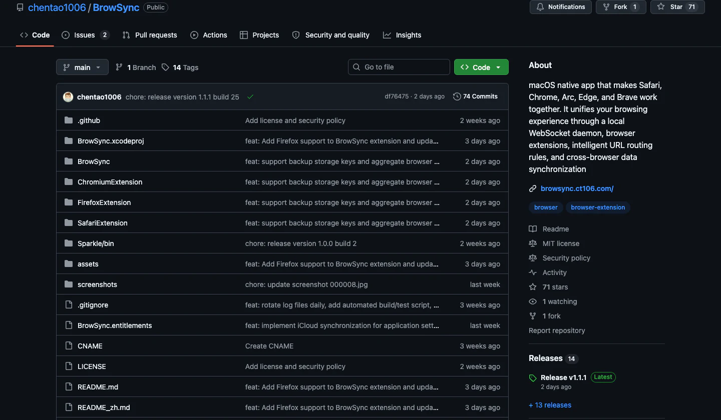 BrowSync GitHub repo 截圖，顯示公開專案、stars、fork、issues、tags 與專案檔案列表