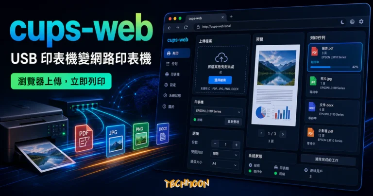 cups-web 開源網頁列印工具:USB 印表機變網路印表機,瀏覽器上傳就能印 1 cups-web 精選圖片,呈現 USB 印表機變成區域網路網頁列印入口、瀏覽器上傳檔案與列印佇列介面
