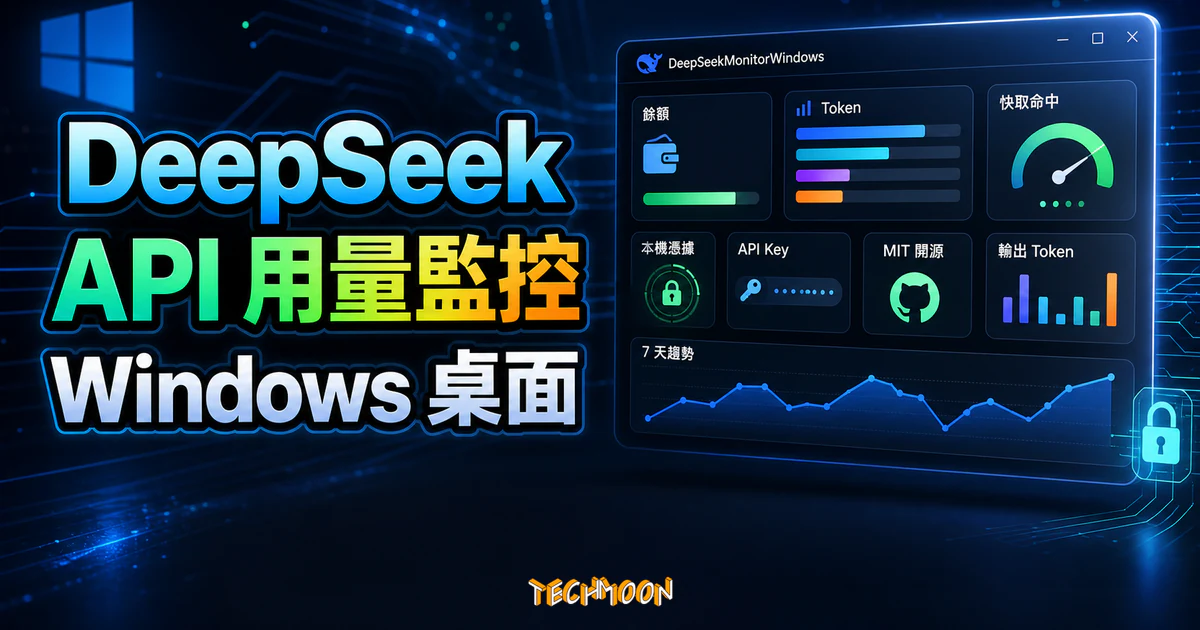 DeepSeek API 用量監控精選圖片，呈現 Windows 桌面工具、餘額、Token、快取命中、7 天趨勢與本機憑據提醒