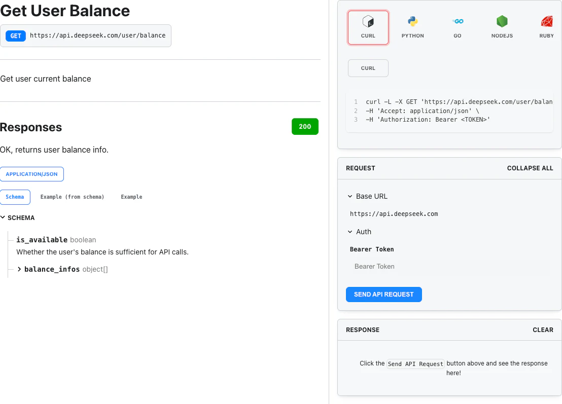 DeepSeek 官方 Get User Balance API 文件截圖，顯示 GET https://api.deepseek.com/user/balance 與 balance_infos 回應欄位