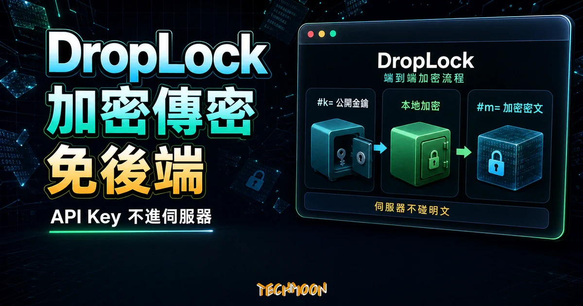 DropLock 端到端加密傳密工具精選圖片，呈現 #k= 公開金鑰、#m= 加密密文與伺服器不碰明文流程