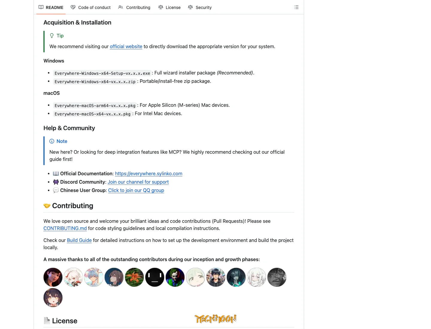 Everywhere 安裝與下載說明截圖，顯示 Windows 與 macOS 的系統需求與安裝方式