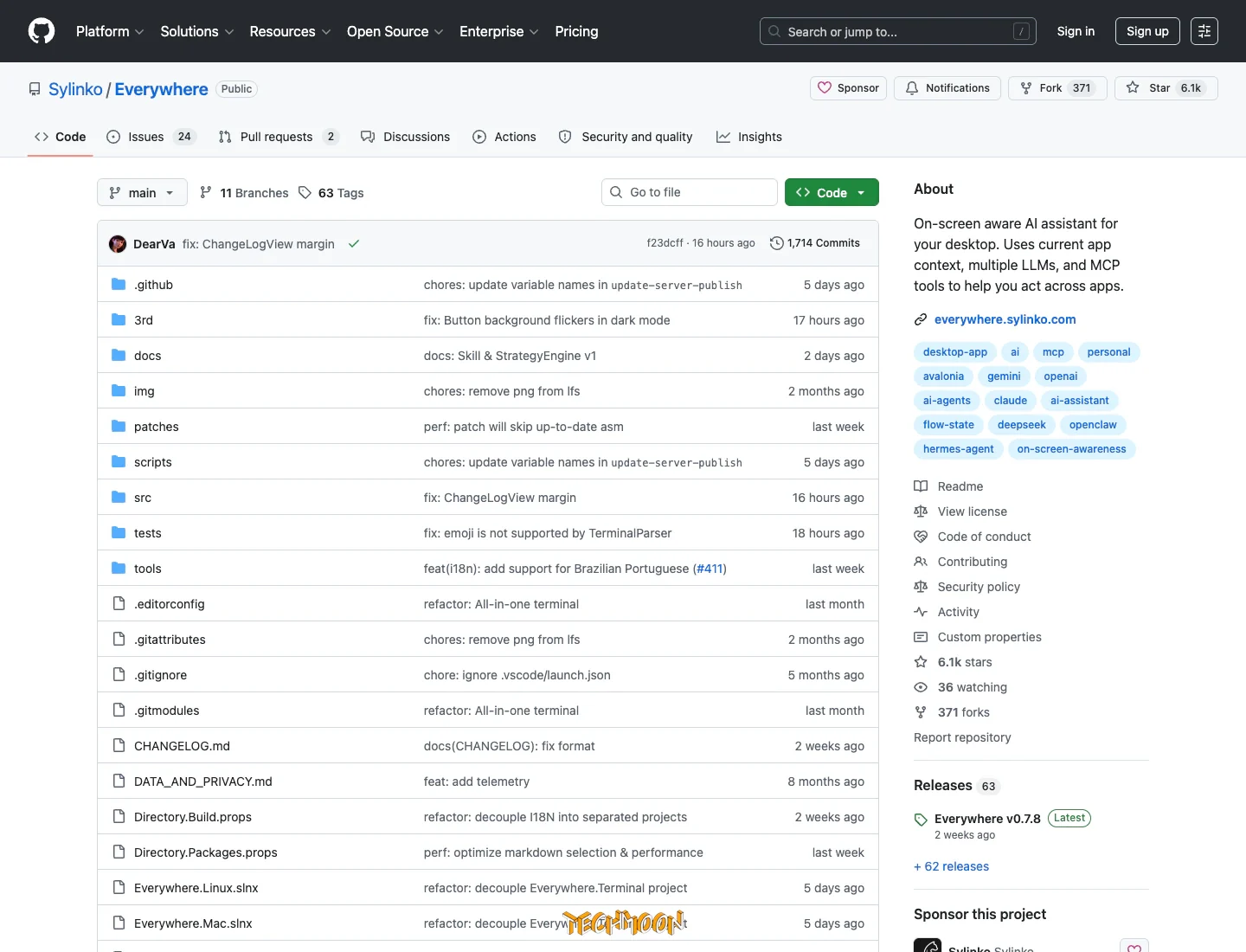 Everywhere GitHub 專案頁面截圖，展示桌面 AI 助手的開源專案資訊、Stars 數與下載入口