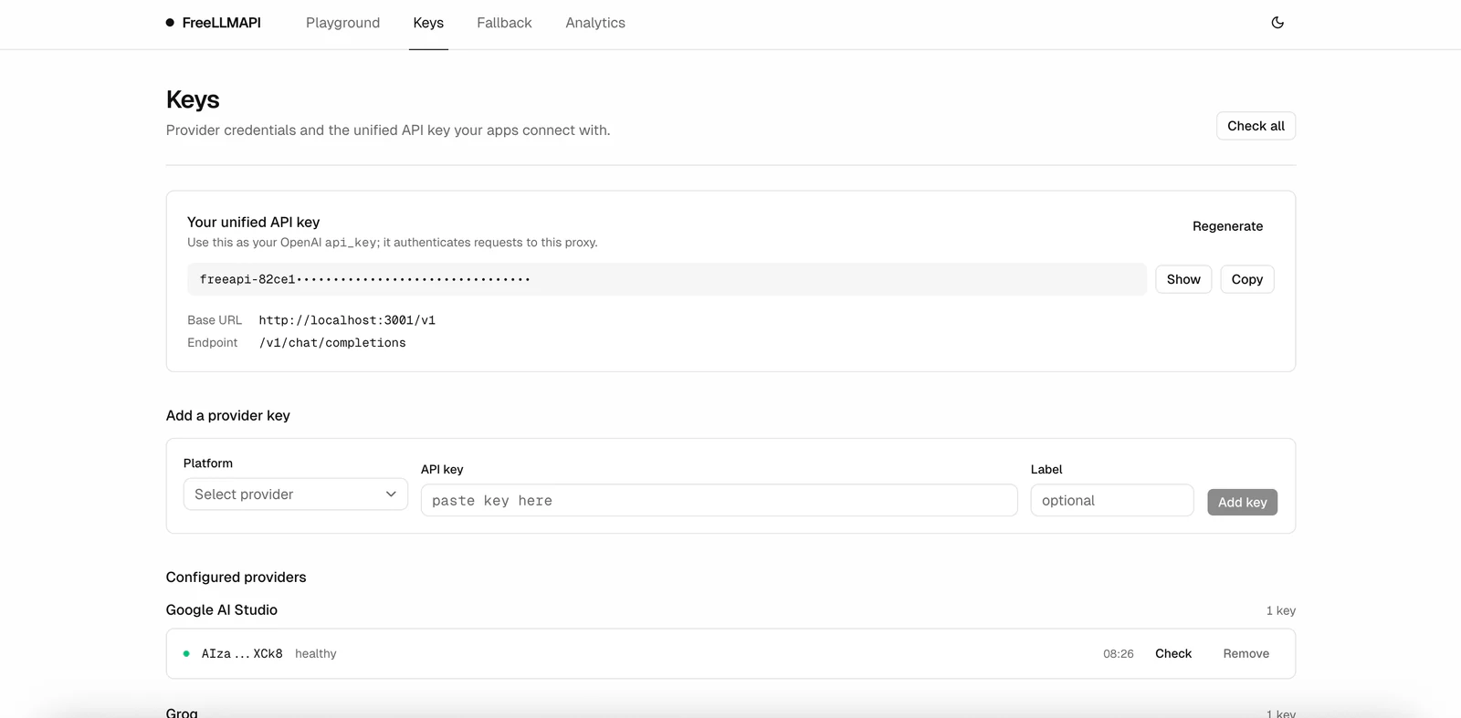 FreeLLMAPI 官方 Keys 管理頁，顯示 provider API key 狀態、模型與額度資訊