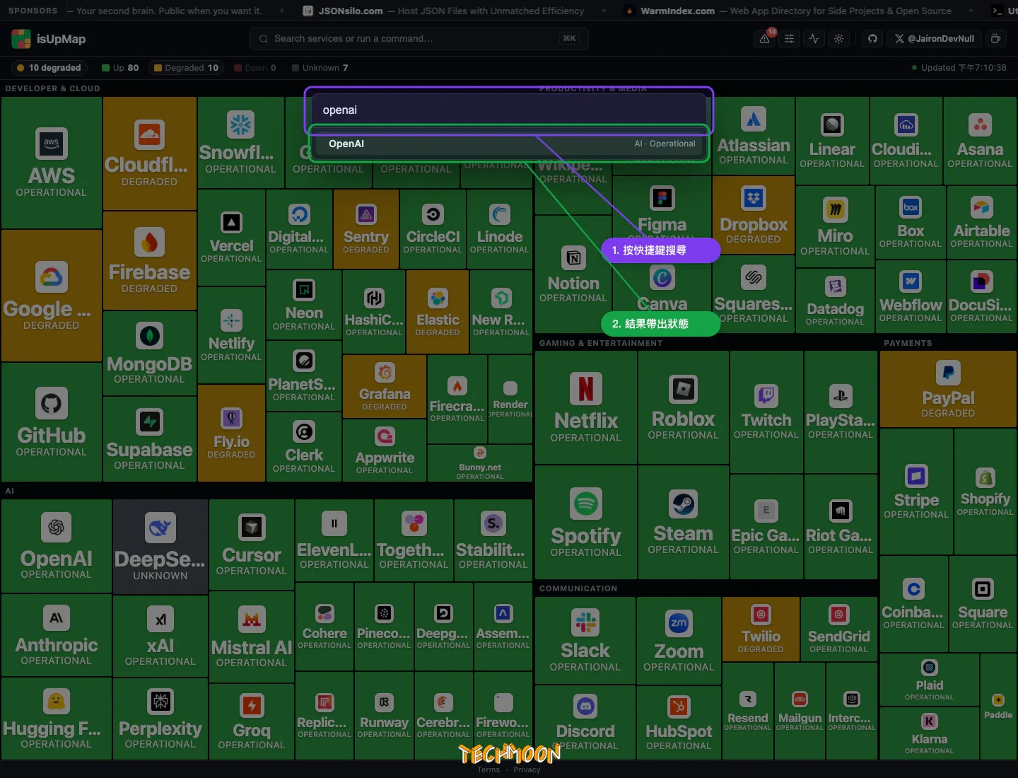 isUpMap 使用快捷鍵搜尋 OpenAI，結果列顯示服務類別與 Operational 狀態