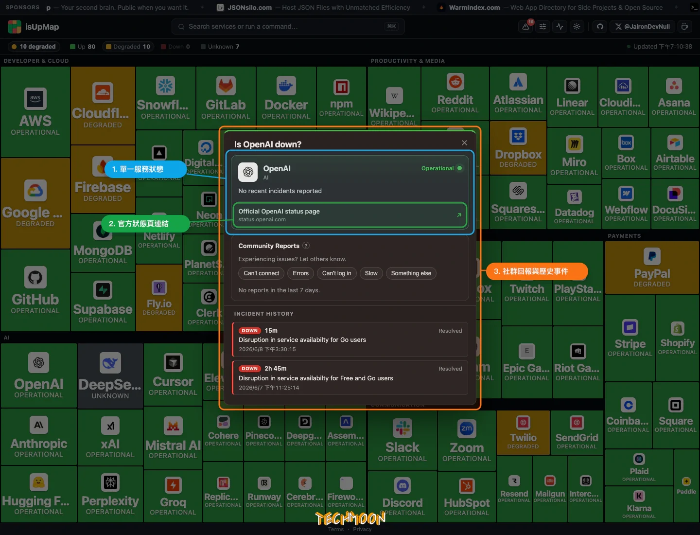 isUpMap OpenAI 服務詳情視窗顯示官方狀態頁連結、社群回報與事件歷史