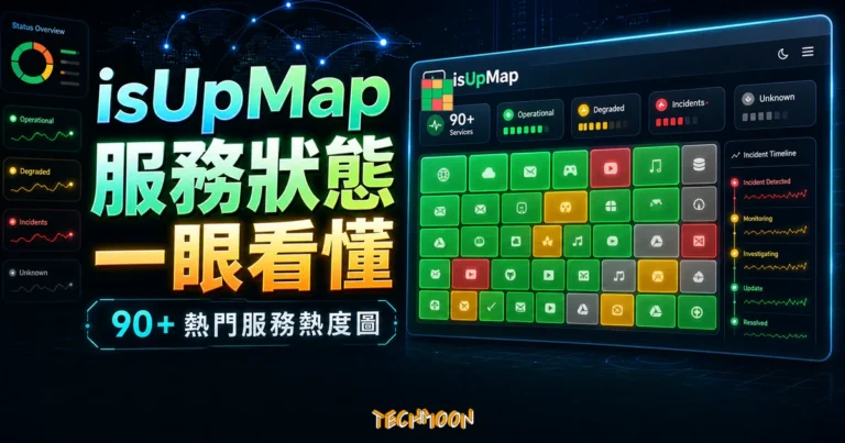isUpMap 服務狀態熱度圖精選圖片，呈現 90+ 熱門服務狀態、異常篩選與事件監控介面