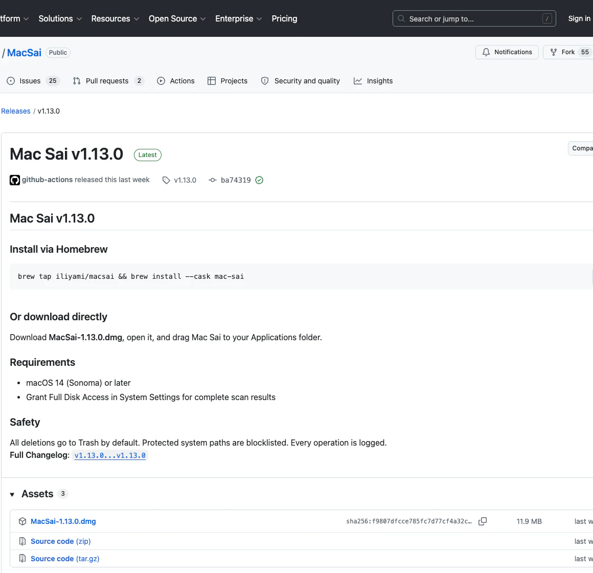 Mac Sai GitHub Releases 截圖，顯示最新版本 v1.13.0 與 MacSai-1.13.0.dmg 下載檔