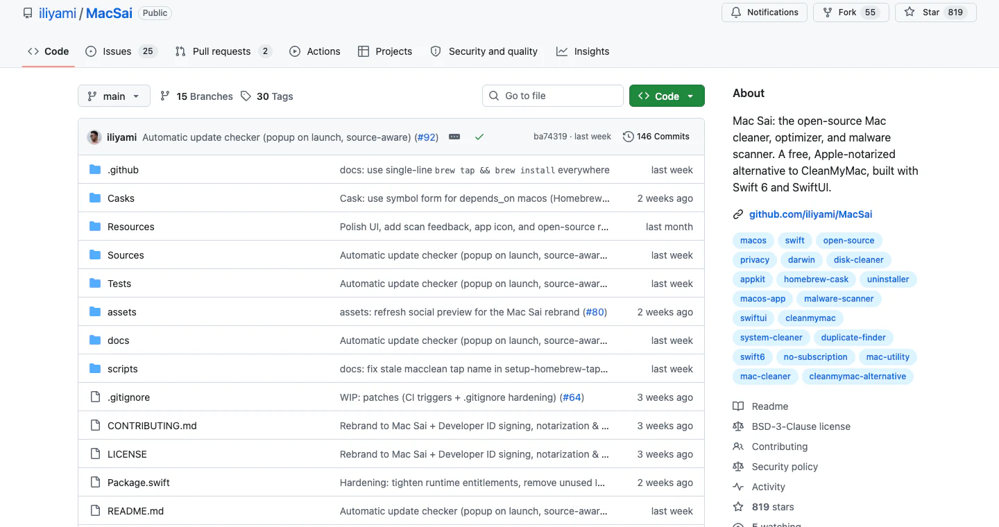 Mac Sai GitHub repo 截圖，顯示專案名稱、星數、Fork 數、Issues、About 說明、BSD-3 授權與專案標籤