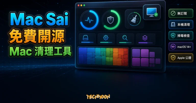 Mac Sai 教學:掃描、預覽與安全清理 Mac 1 Mac Sai 精選圖片,呈現免費開源、Mac 清理工具、無訂閱、本機清理、掃毒檢查、macOS 14+ 與 Apple 公證重點