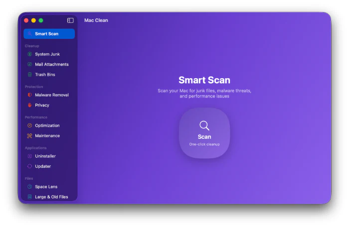 Mac Sai README 官方主介面截圖，畫面仍顯示舊名 Mac Clean，並呈現清理、保護、效能、應用程式與檔案工具