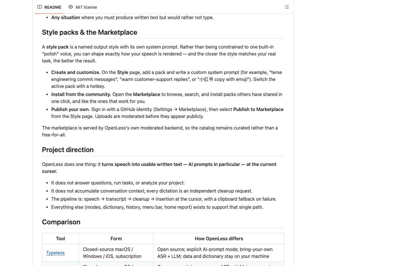 OpenLess GitHub 專案頁截圖，顯示 Style packs 與 Marketplace 段落，說明可建立、安裝與發布自訂輸出風格