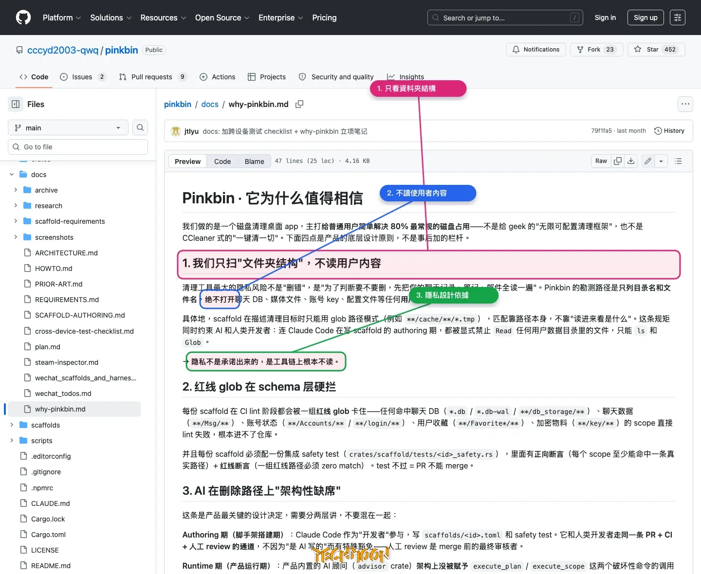 Pinkbin 開源磁碟清理工具教學:AI 幫你判斷資料夾能不能刪,C 槽空間救星 5 Pinkbin why-pinkbin 官方文件標示只掃資料夾結構、不讀使用者內容與隱私設計依據