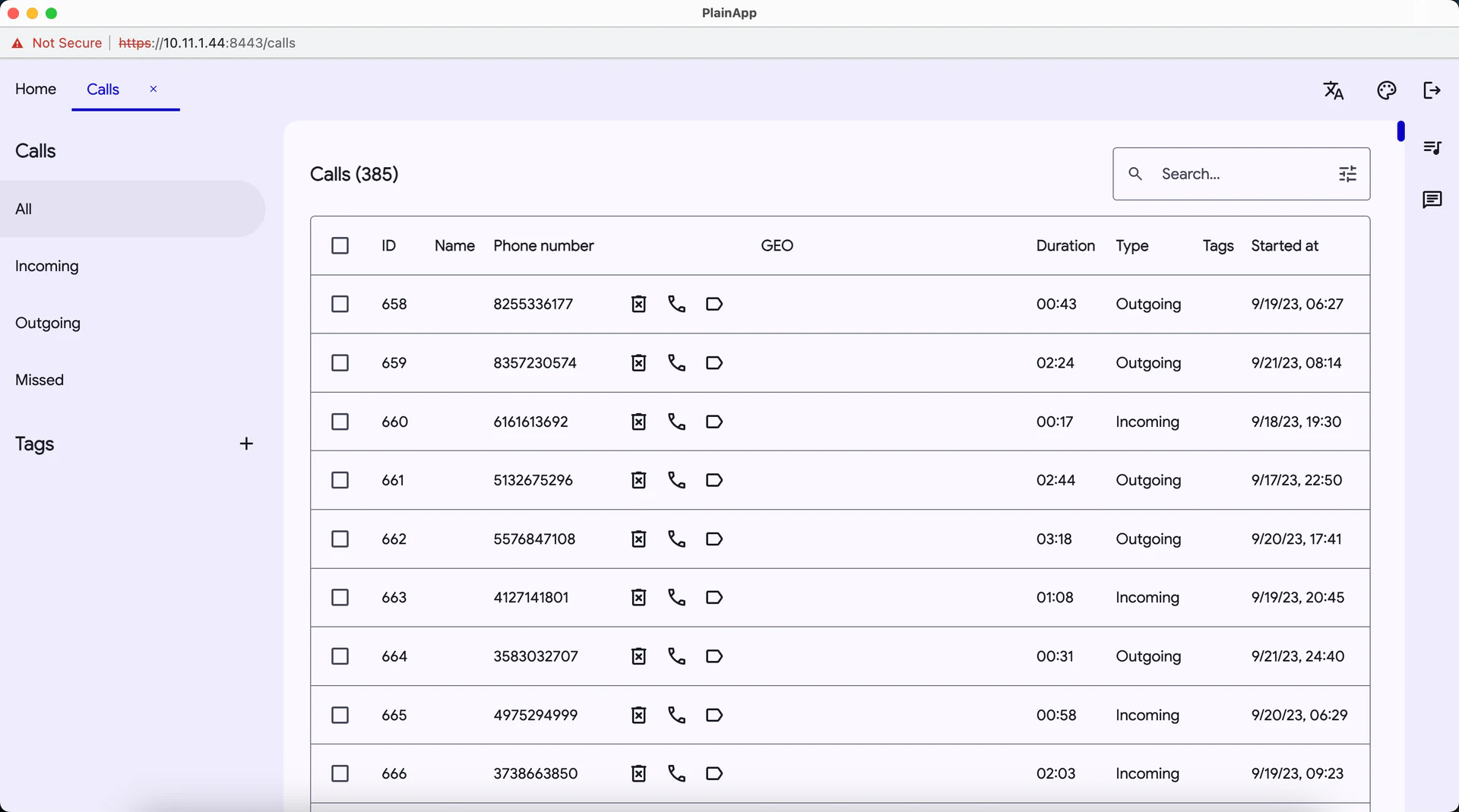 PlainApp Web Dashboard 通話紀錄面板，顯示來電、去電、未接分類、搜尋篩選與通話列表