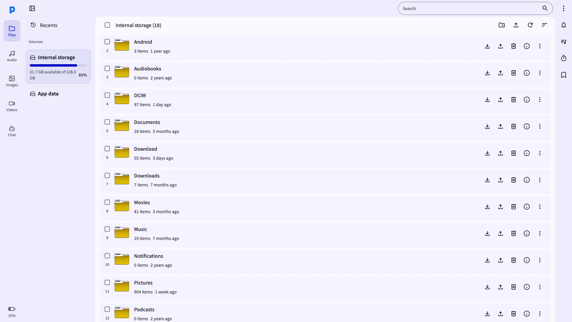 PlainApp Web Dashboard 檔案管理面板，顯示內部儲存空間、資料夾清單與上傳、下載、刪除等操作圖示