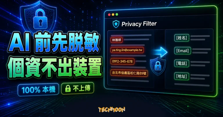 Privacy Filter 是什麼?傳給 ChatGPT、Claude 前先在瀏覽器本地脫敏的免費工具 8 TechMoon 精選圖片,顯示 Privacy Filter 在瀏覽器本機把姓名、Email、電話與地址轉成占位符