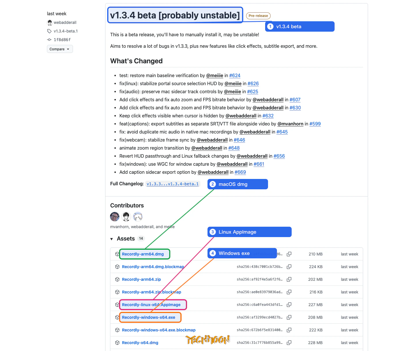 Recordly 免費開源螢幕錄影工具:錄完即剪、自動縮放,Windows 與 Linux 的 Screen Studio 平替 5 Recordly GitHub Releases v1.3.4 beta 顯示 macOS、Linux、Windows 下載檔