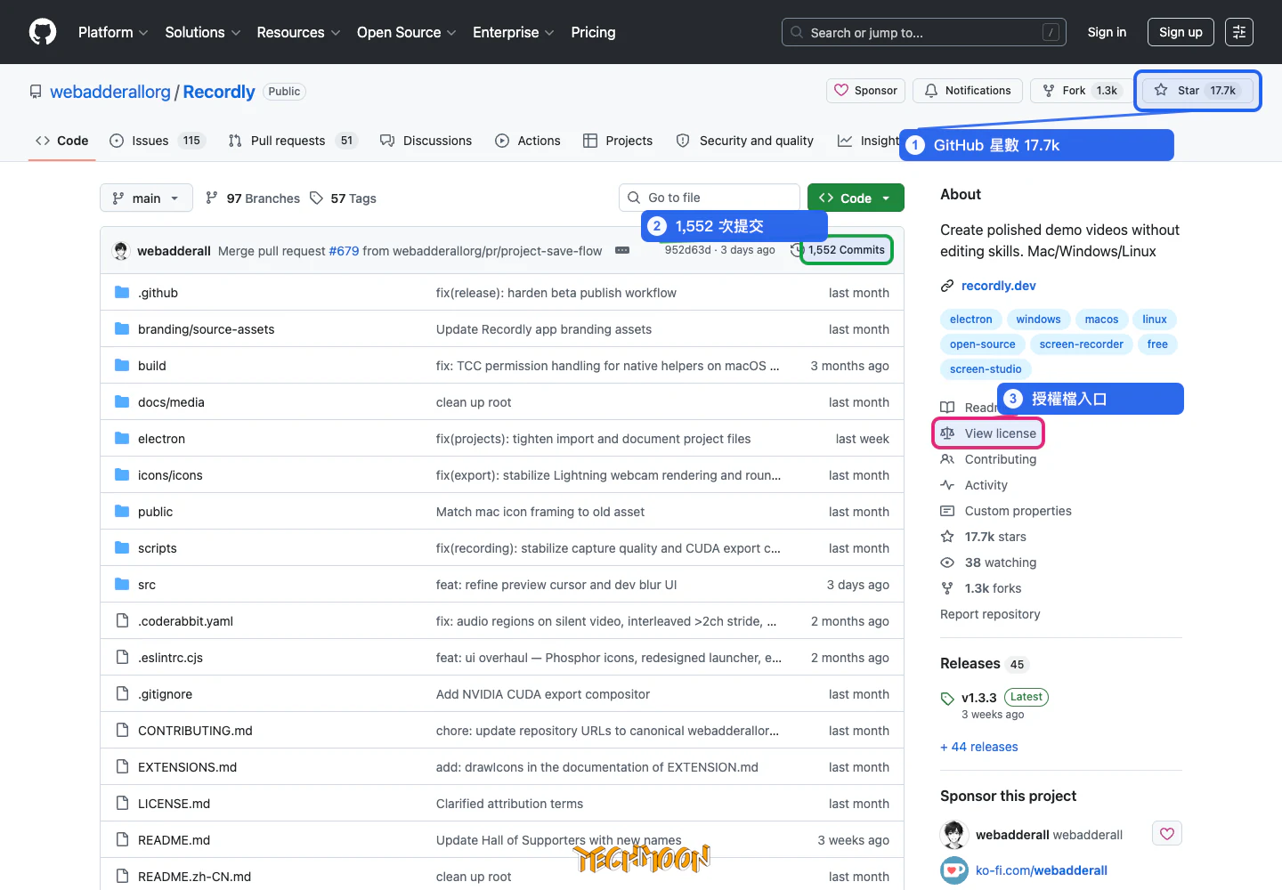 Recordly 免費開源螢幕錄影工具:錄完即剪、自動縮放,Windows 與 Linux 的 Screen Studio 平替 2 Recordly GitHub 專案頁顯示 17.7k stars、授權入口、近期提交與 release 區塊