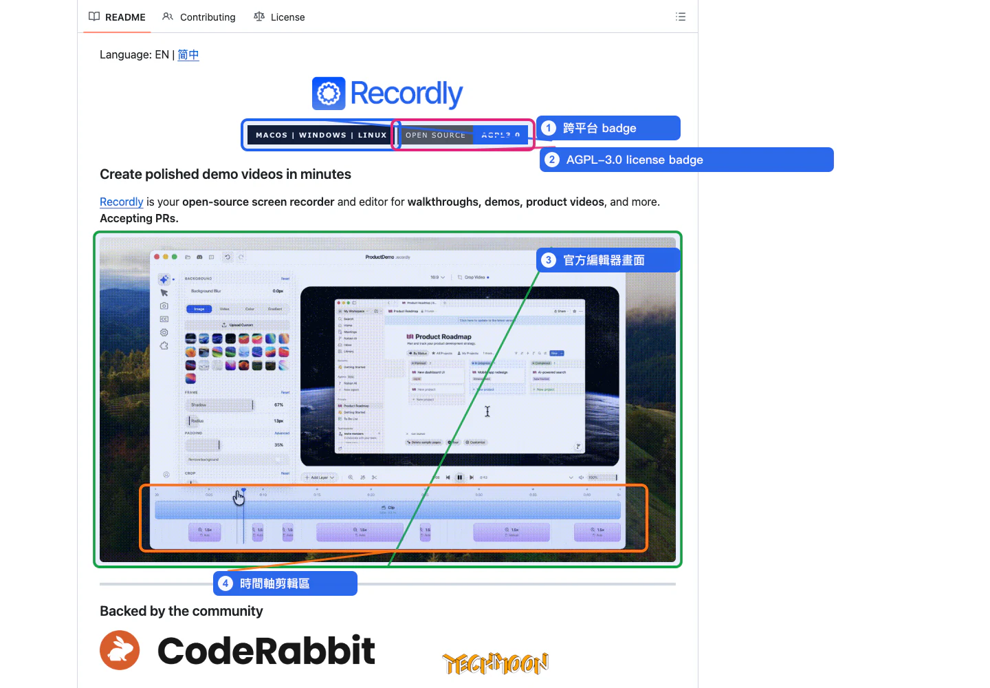 Recordly 免費開源螢幕錄影工具:錄完即剪、自動縮放,Windows 與 Linux 的 Screen Studio 平替 4 Recordly GitHub README 顯示 AGPL-3.0 badge、跨平台 badge 與編輯器時間軸畫面