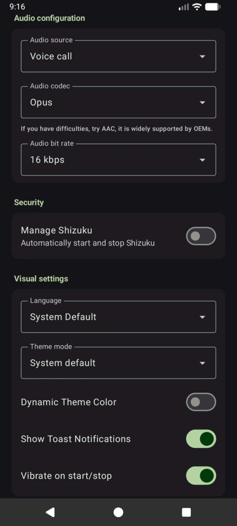 ShizuCallRecorder 音訊與顯示設定頁，可選擇編碼格式