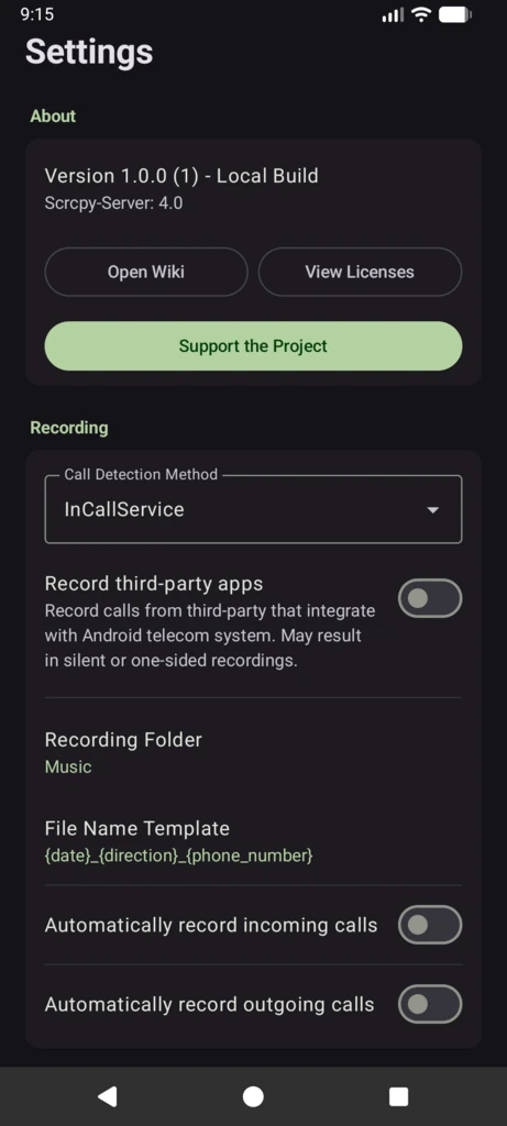 ShizuCallRecorder 錄音設定頁，可開啟自動錄音與排除規則