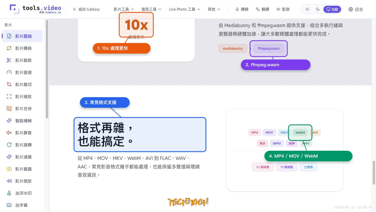 tools.video 頁面標示 Mediabunny、ffmpeg.wasm、10x 處理速度與 MP4、WebM 等格式支援