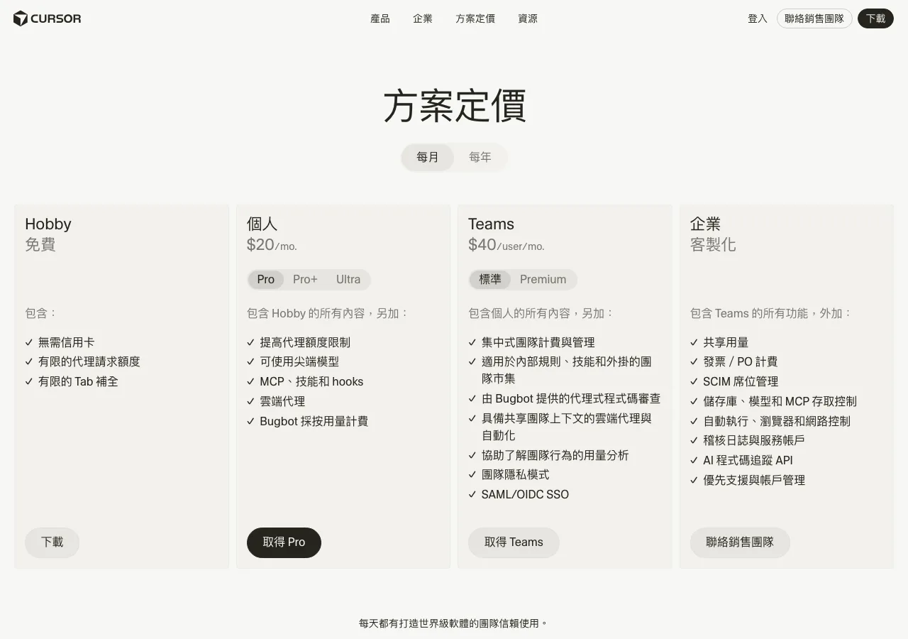 AI coding plan 對比:Claude Pro、ChatGPT Plus、Kimi、GLM 與 Cursor 的額度倍率與中文 Token 真實成本(2026-07) 2 Cursor 官方定價頁面截圖,顯示 Hobby 免費、Individual Pro 月費 20 美元、Teams 每人每月 40 美元、Enterprise 自訂價格,截至 2026-07-05