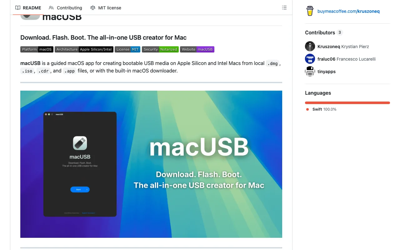 macUSB 開源 macOS 啟動隨身碟製作工具:把 createinstallmedia 的跨代雷包成圖形流程 4 macUSB README 的功能列表與快速開始段落,顯示內建下載器、本機來源支援、Apple Silicon 舊版相容處理
