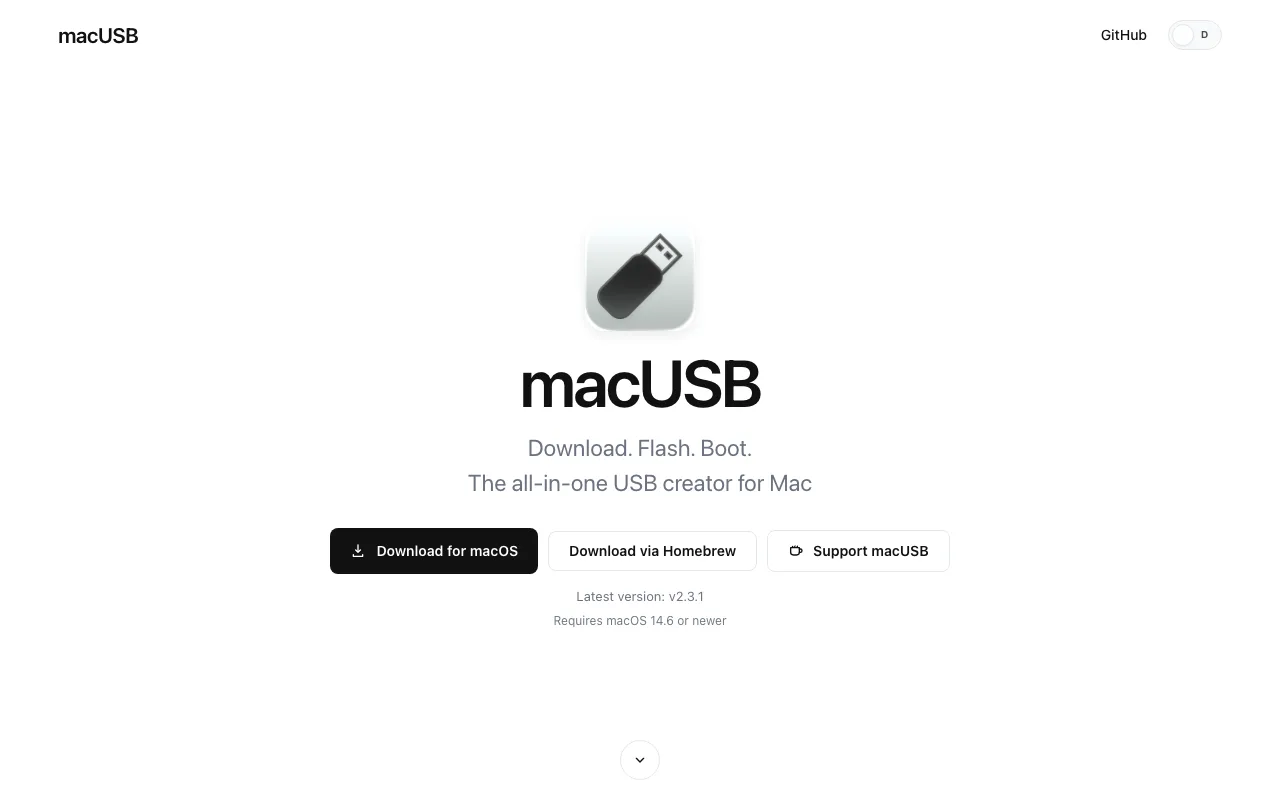macUSB 開源 macOS 啟動隨身碟製作工具:把 createinstallmedia 的跨代雷包成圖形流程 2 macUSB 官方網站 kruszoneq.github.io/macUSB 的產品登入頁