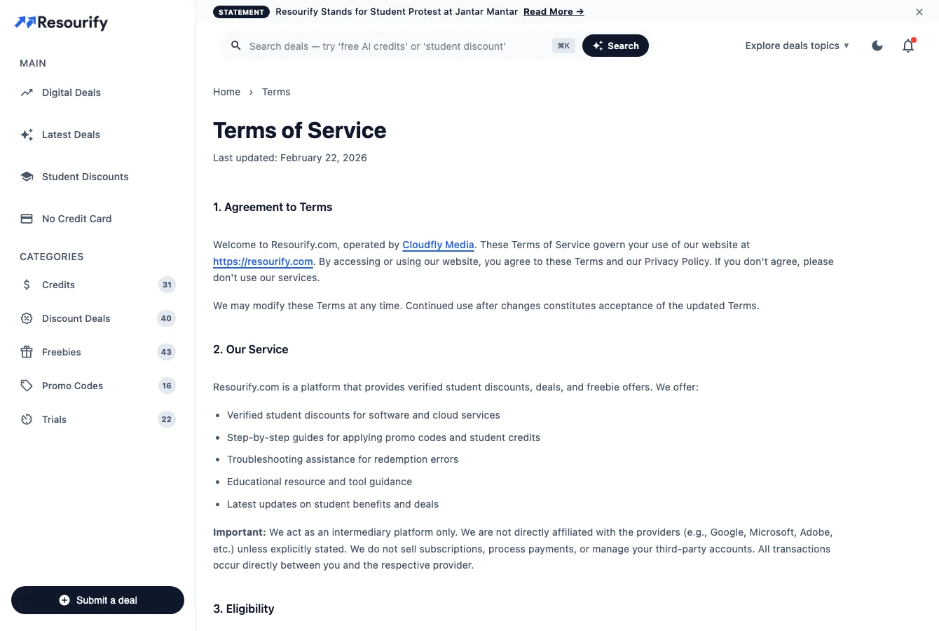 Resourify Terms of Service 頁面截圖，顯示營運方 Cloudfly Media 與責任上限 ₹1,000 條款